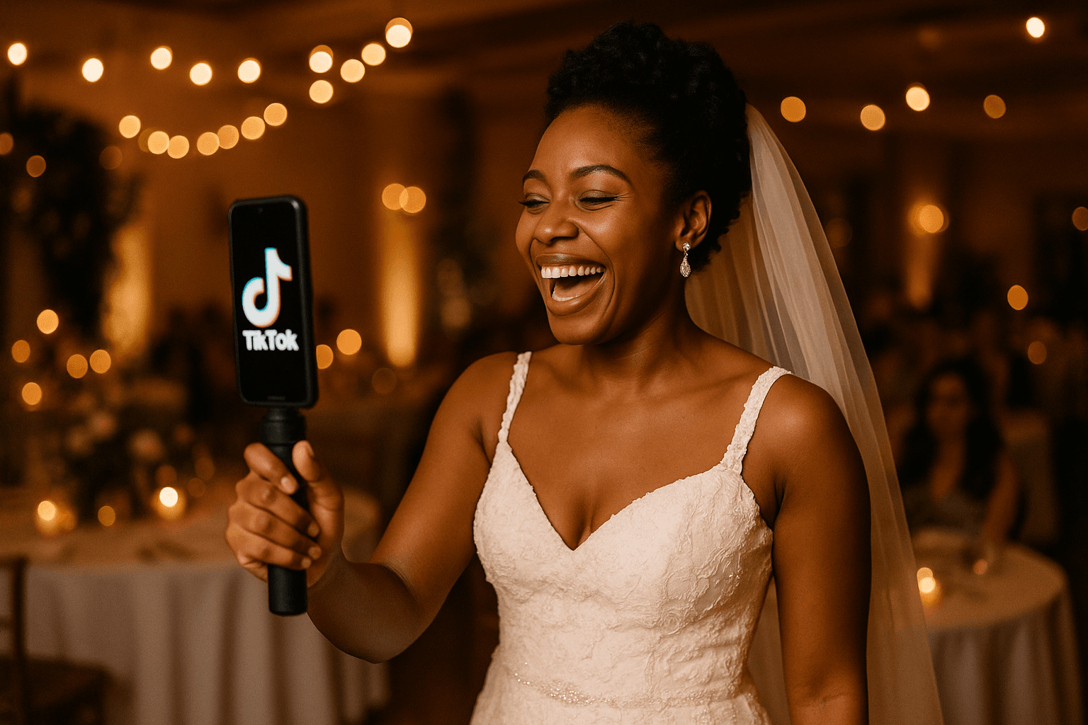 African American bride filming a TikTok video at her wedding reception, candid joyful moment, warm l