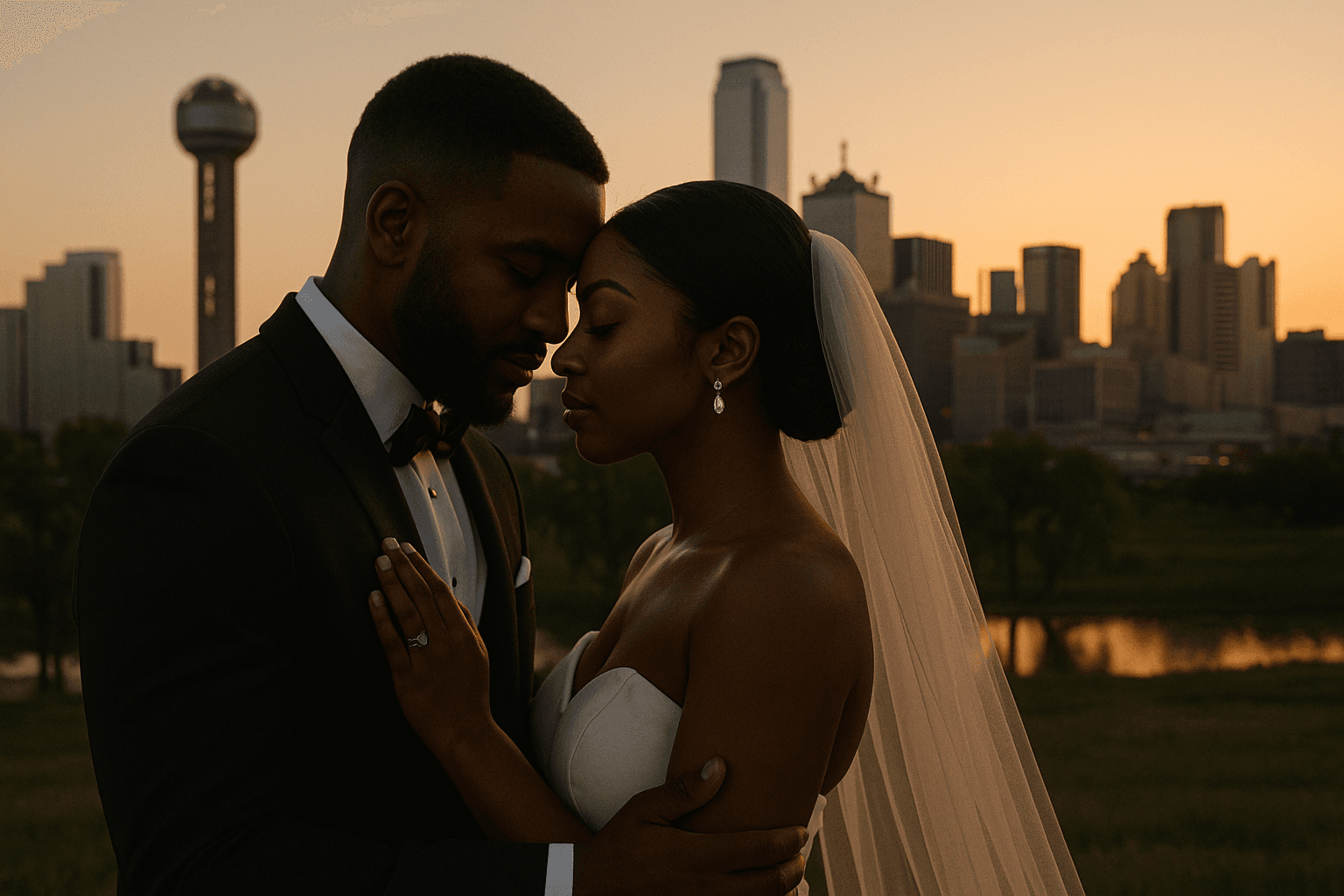 African American couple during cinematic wedding video session at sunset, Dallas skyline background