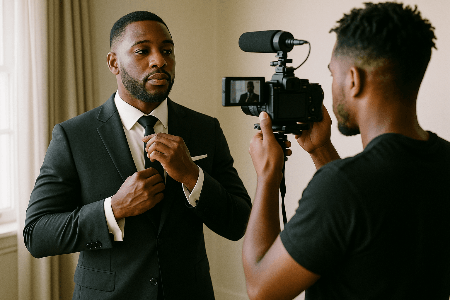 African American groom adjusting tie while videographer films, wedding day preparation, editorial st