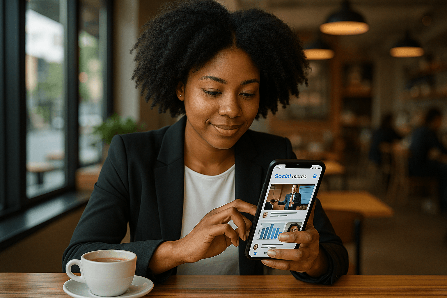 African American woman scrolling social media on phone, professional content displayed, modern coffe