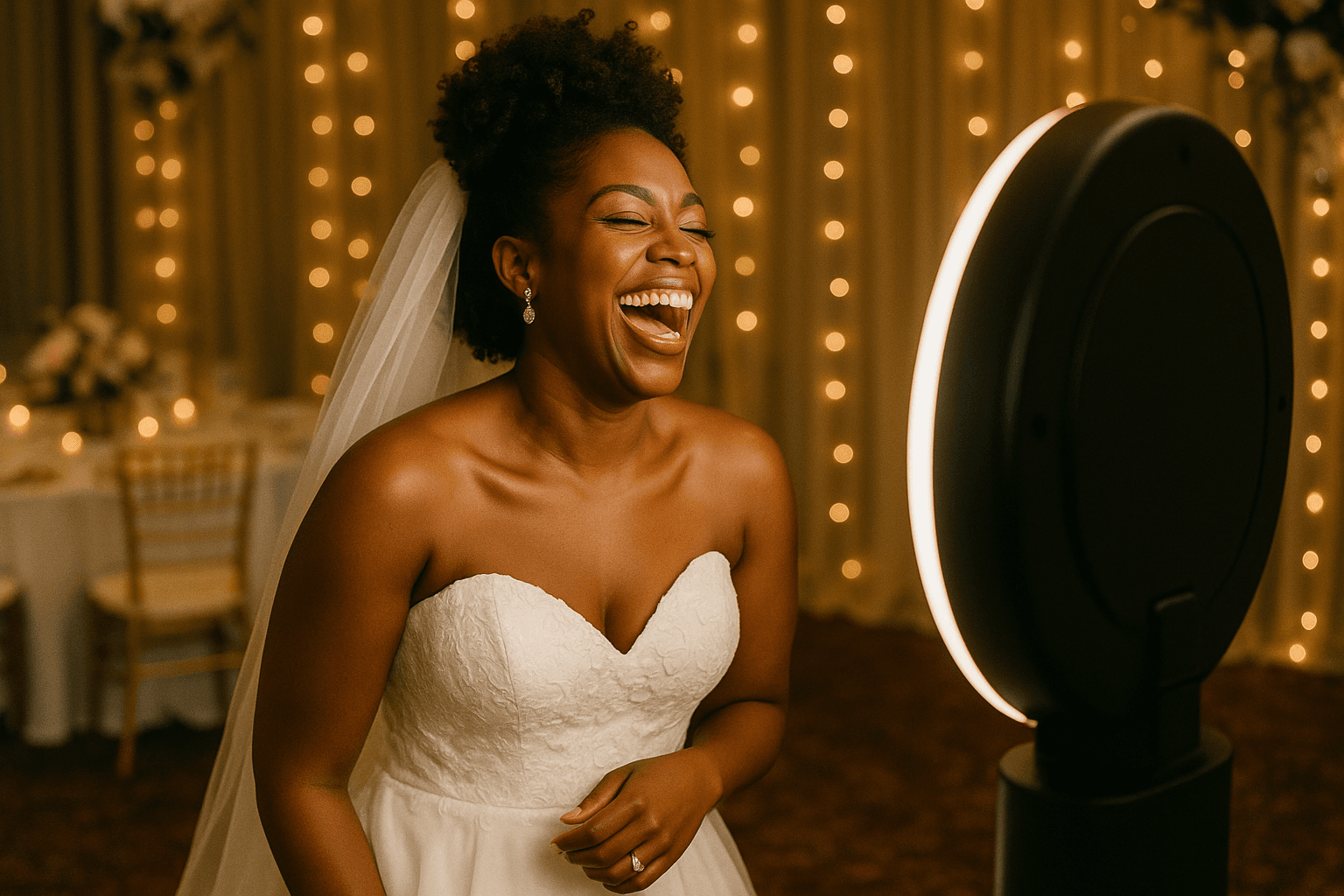 Beautiful African American bride laughing while taking photos in a luxury photo booth at her wedding