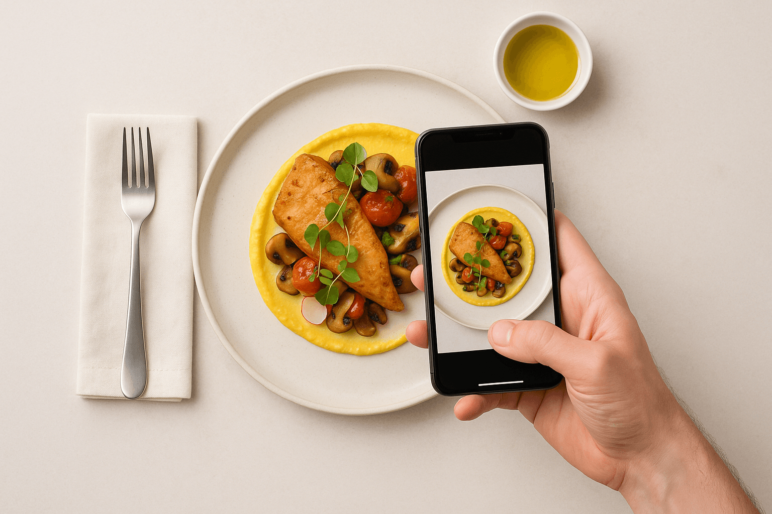 Beautifully plated food being photographed for restaurant social media, overhead shot, clean styling