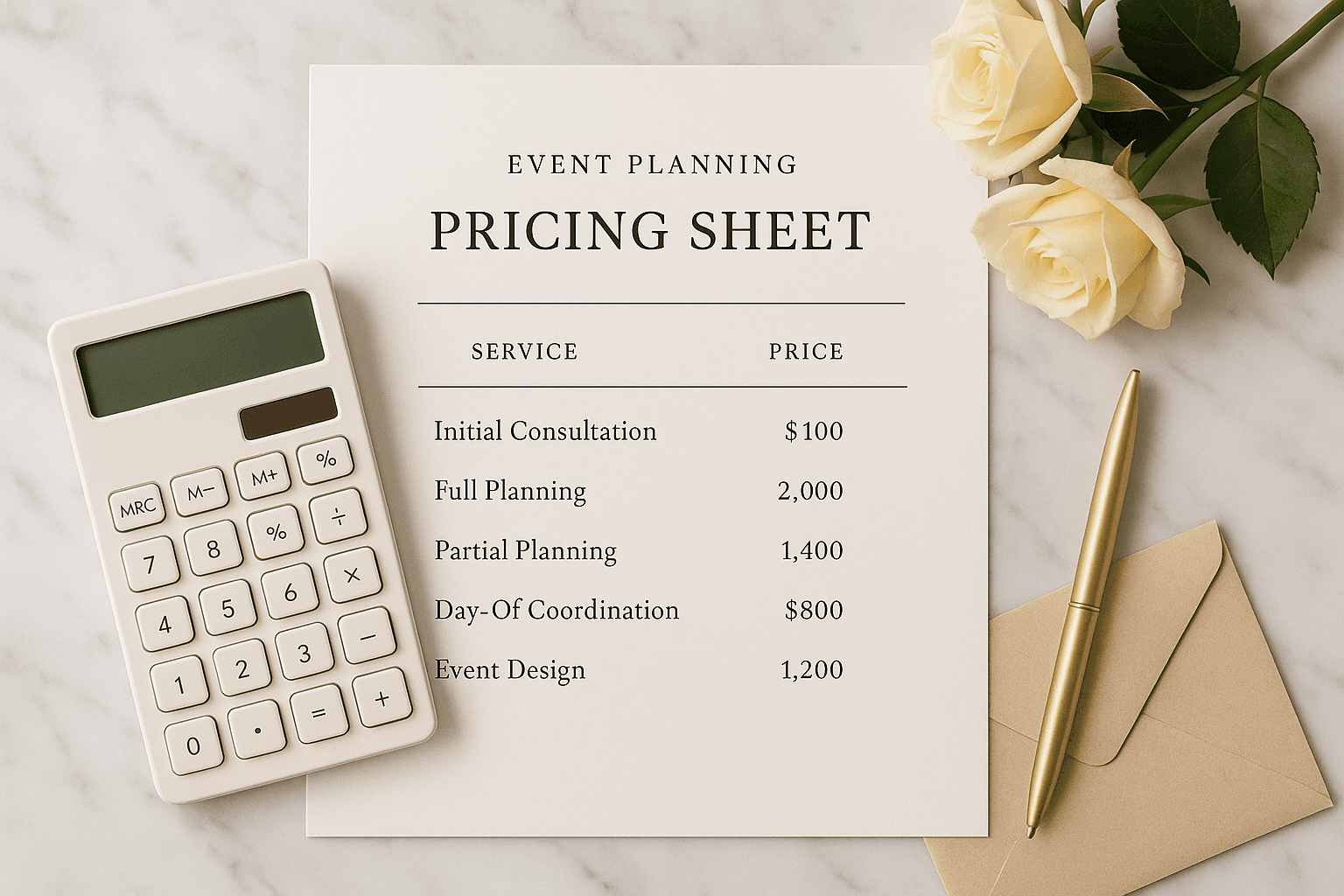 Calculator and pricing sheet for event planning on marble desk, elegant stationery and flowers