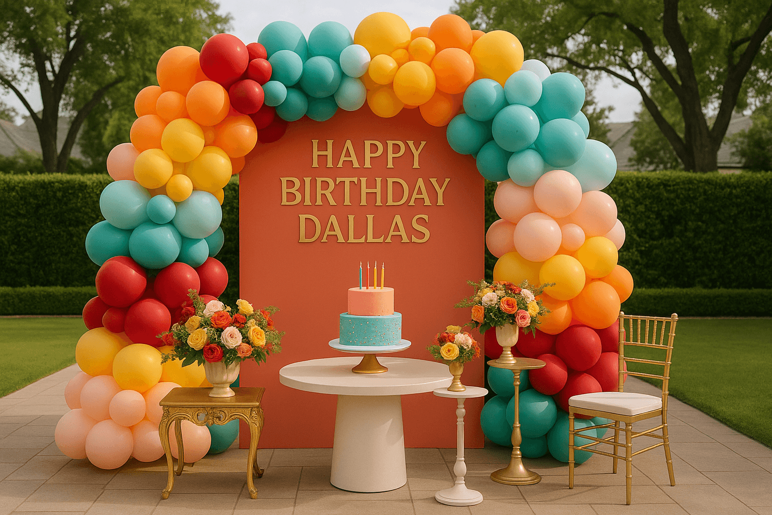 Colorful birthday party setup in Dallas with balloons, cake table, and elegant decorations, upper cl