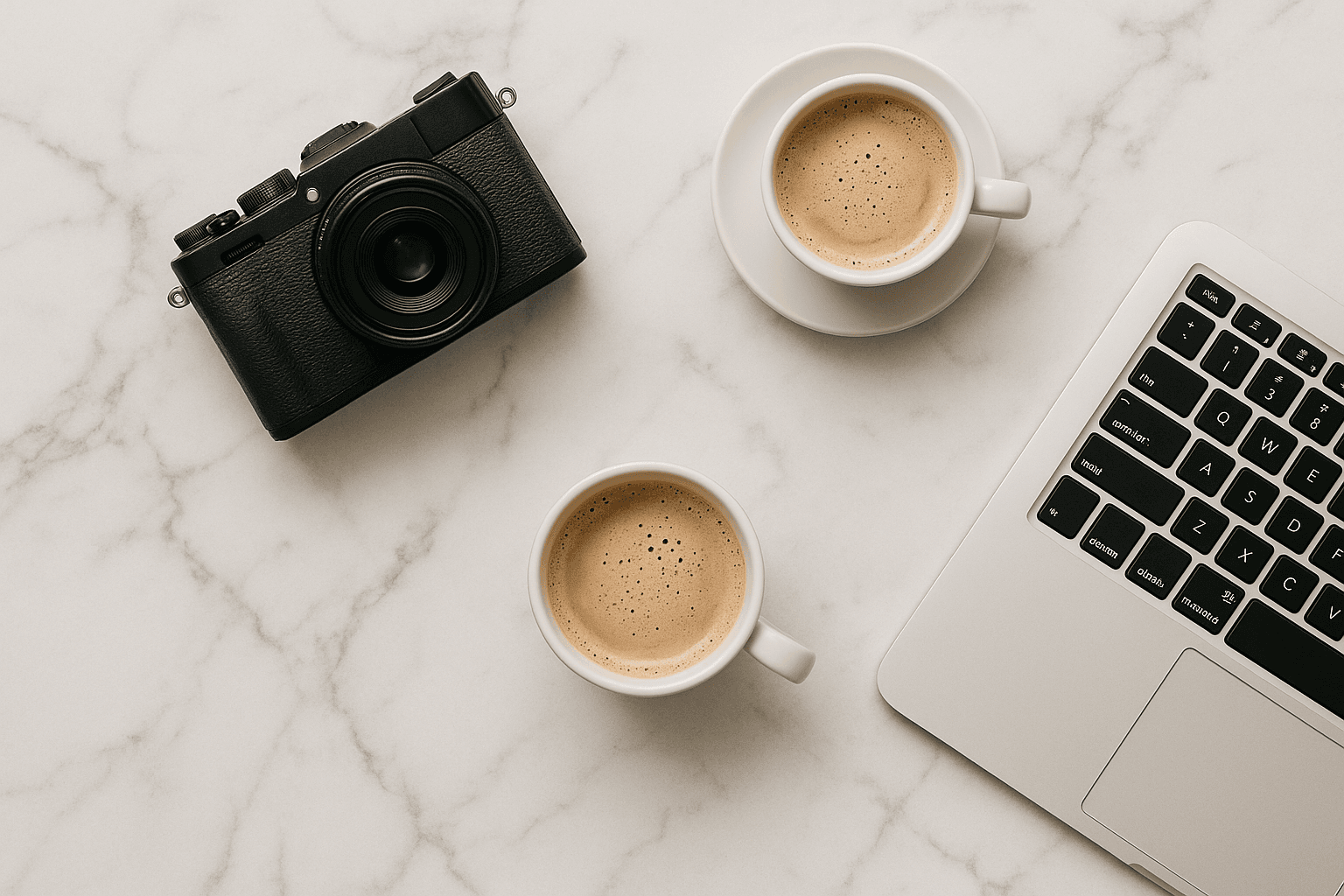 Creative brand photoshoot flat lay with camera, coffee, laptop on marble surface, clean minimal aest
