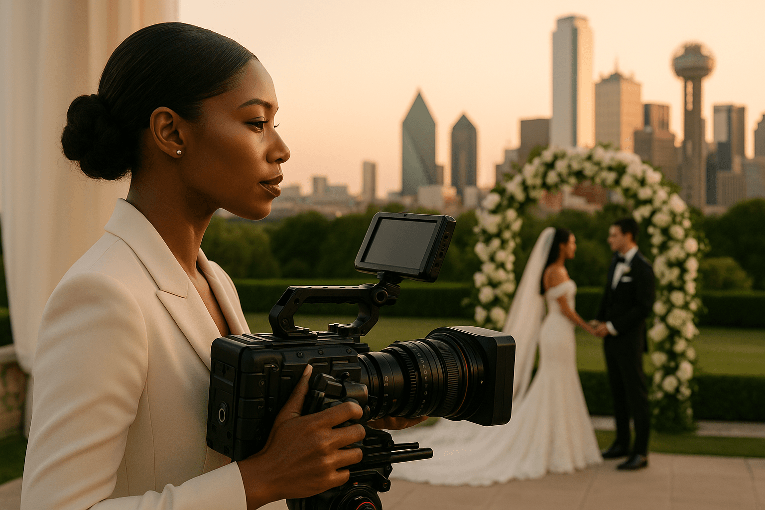 Elegant African American woman with cinema camera filming a luxury wedding ceremony in Dallas, golde
