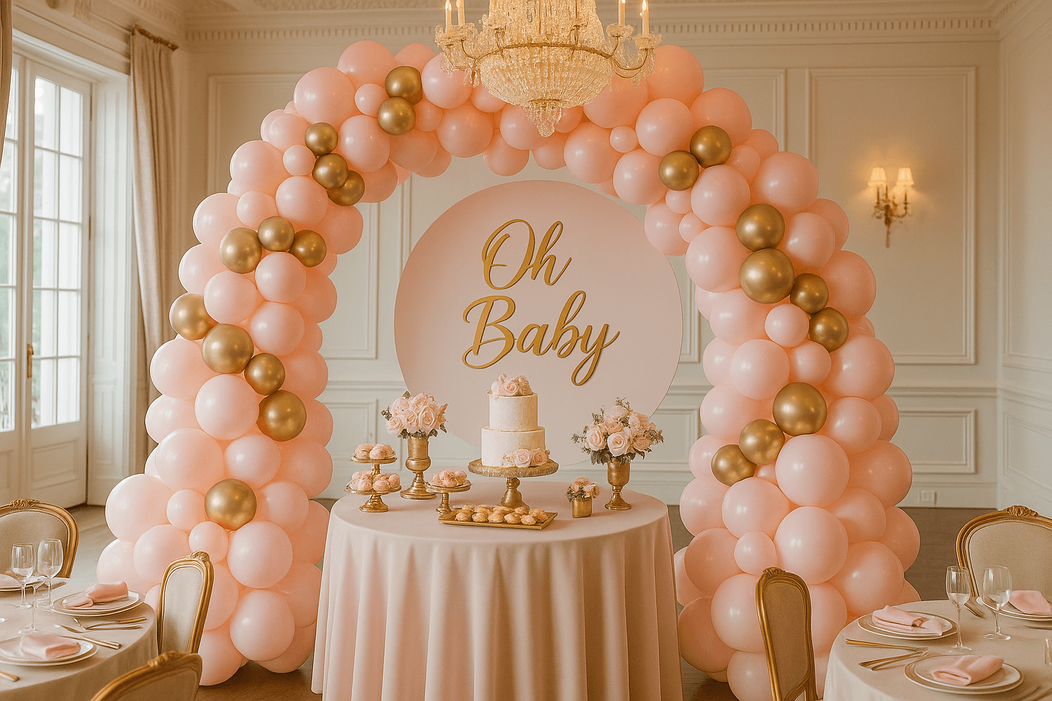 Elegant baby shower decorations in soft pink and gold, luxury venue setting, balloon arch