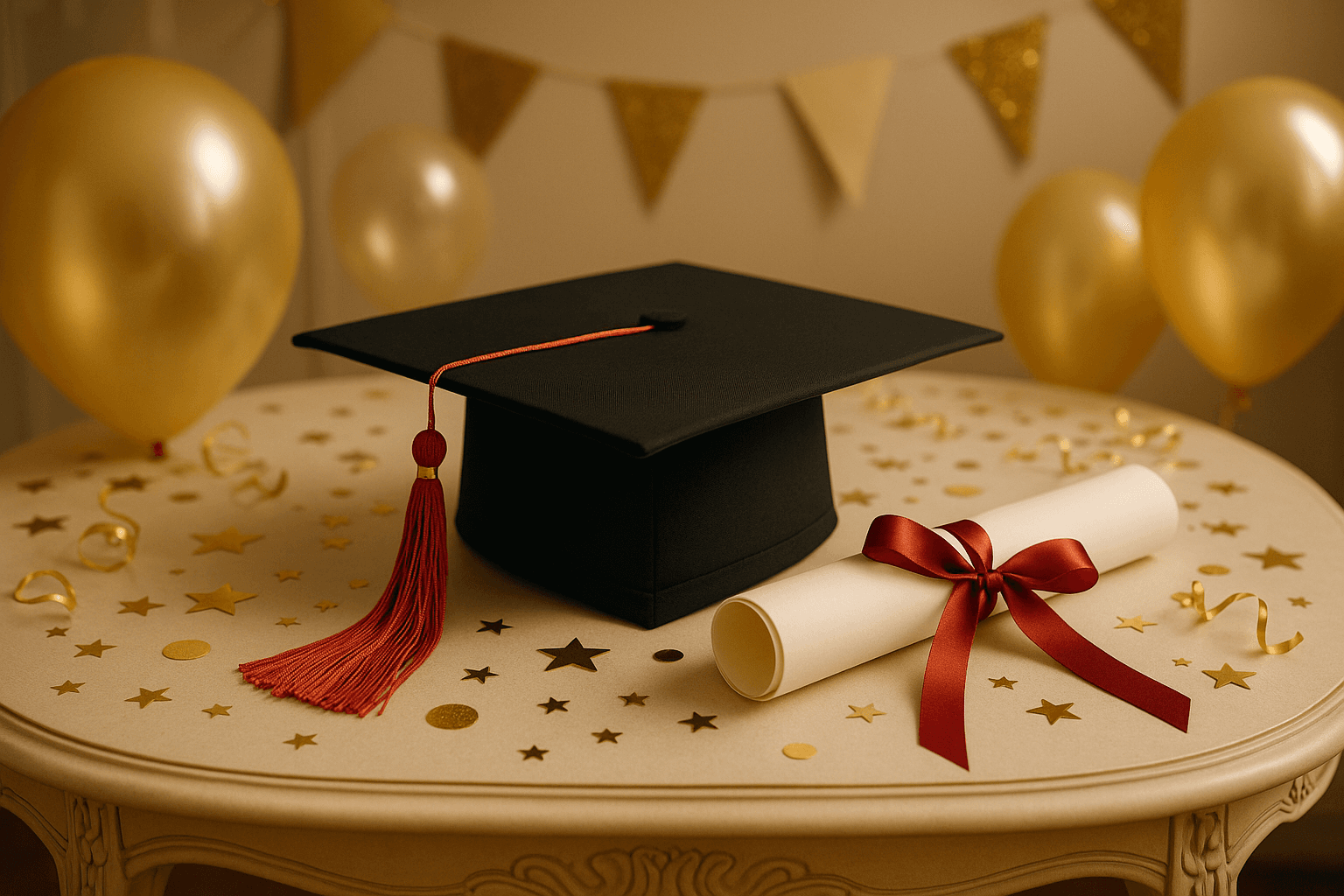 Graduation cap and diploma on elegant table with balloons and celebration decorations