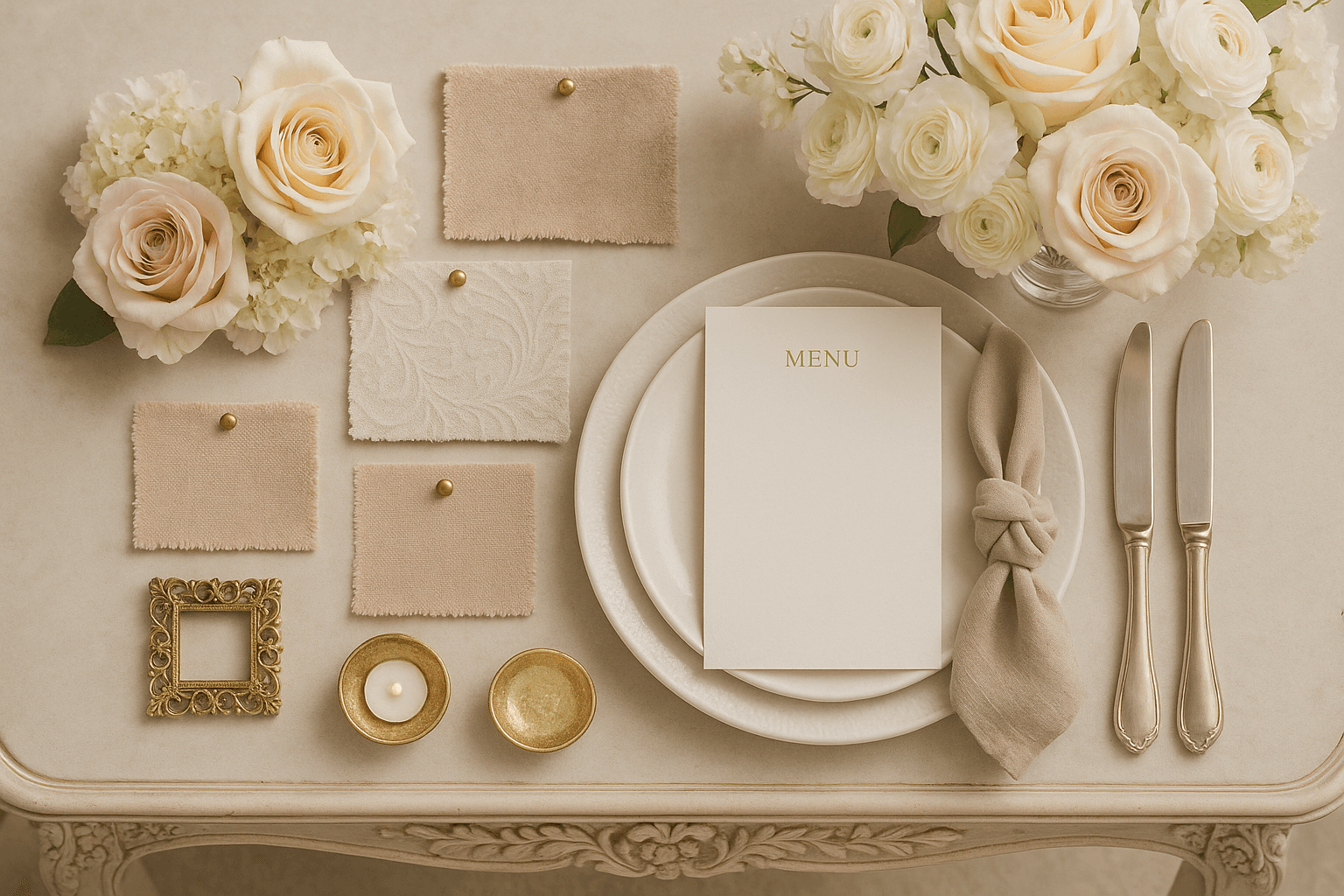 Luxury event planning mood board with fabric swatches, flowers, and place settings on elegant table