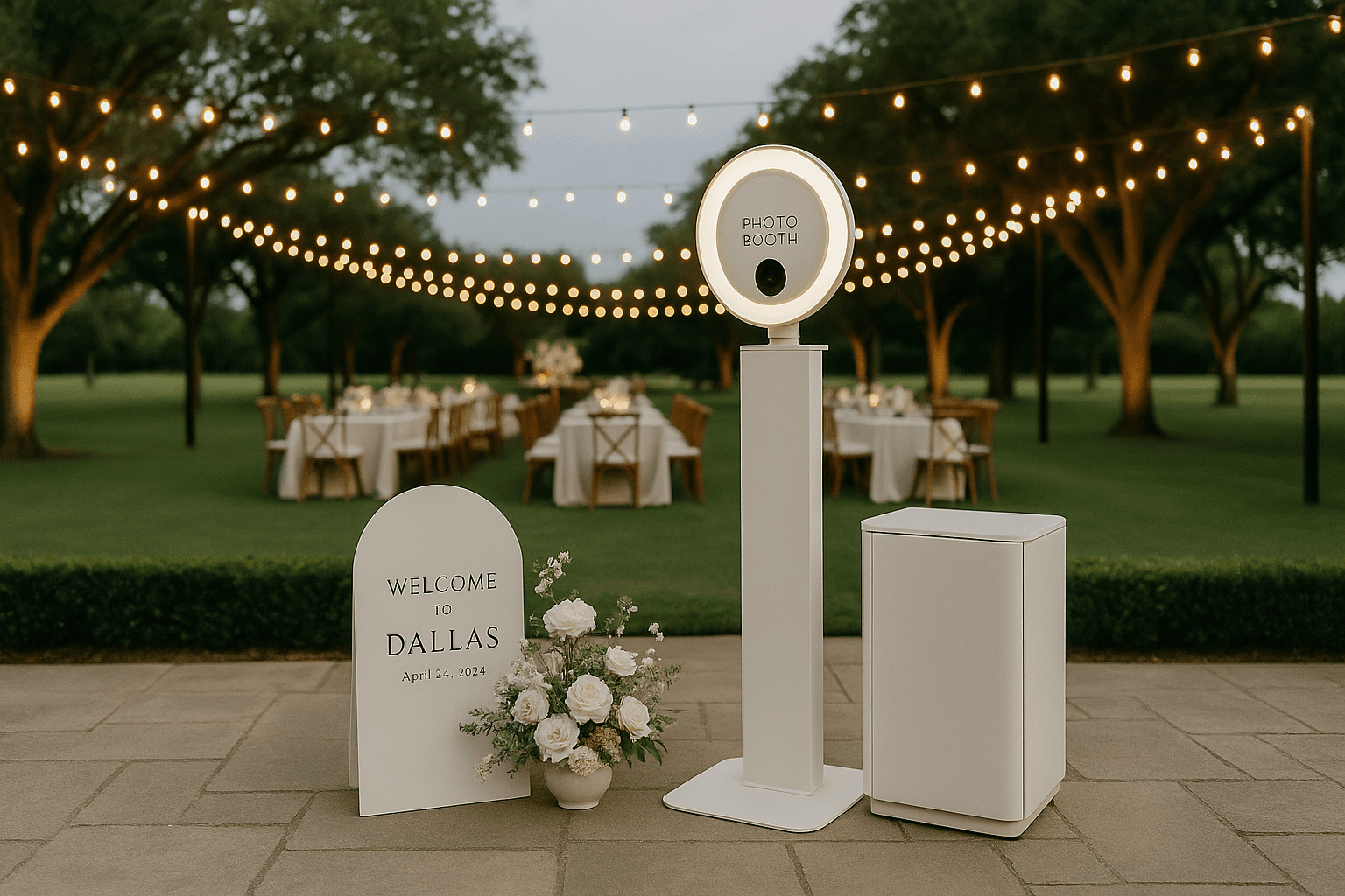 Luxury photo booth rental setup at outdoor Dallas wedding venue with string lights, elegant and mode