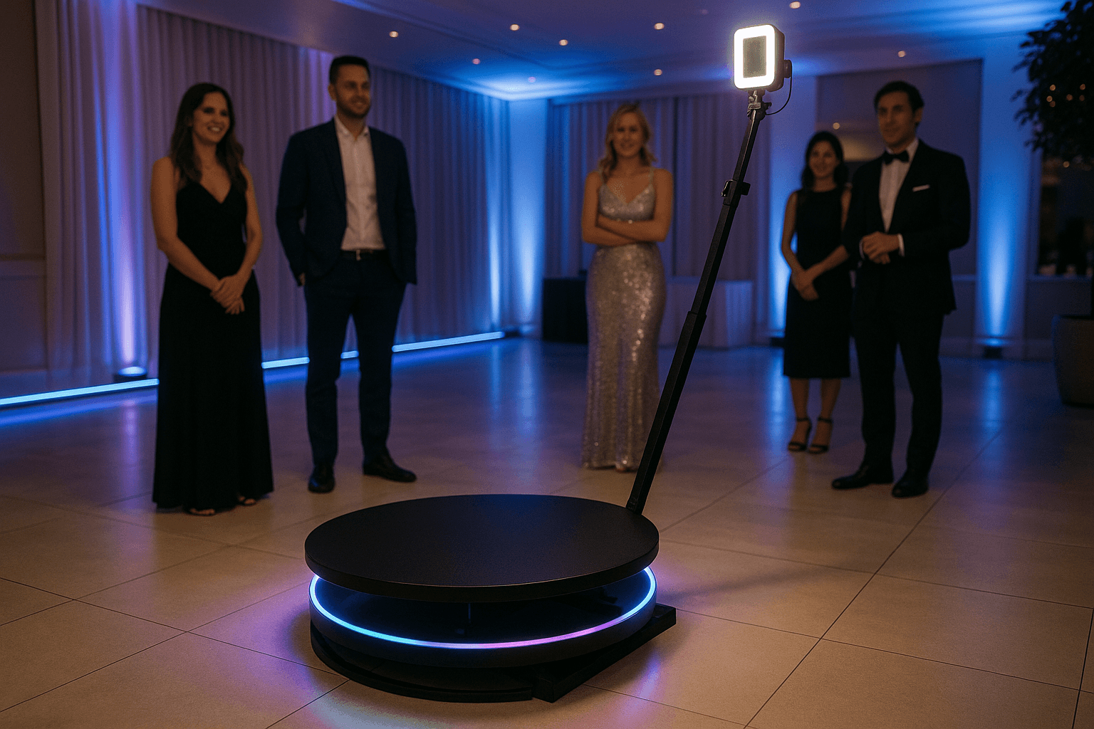 Modern 360 photo booth with spinning platform at upscale event, LED lights, guests watching