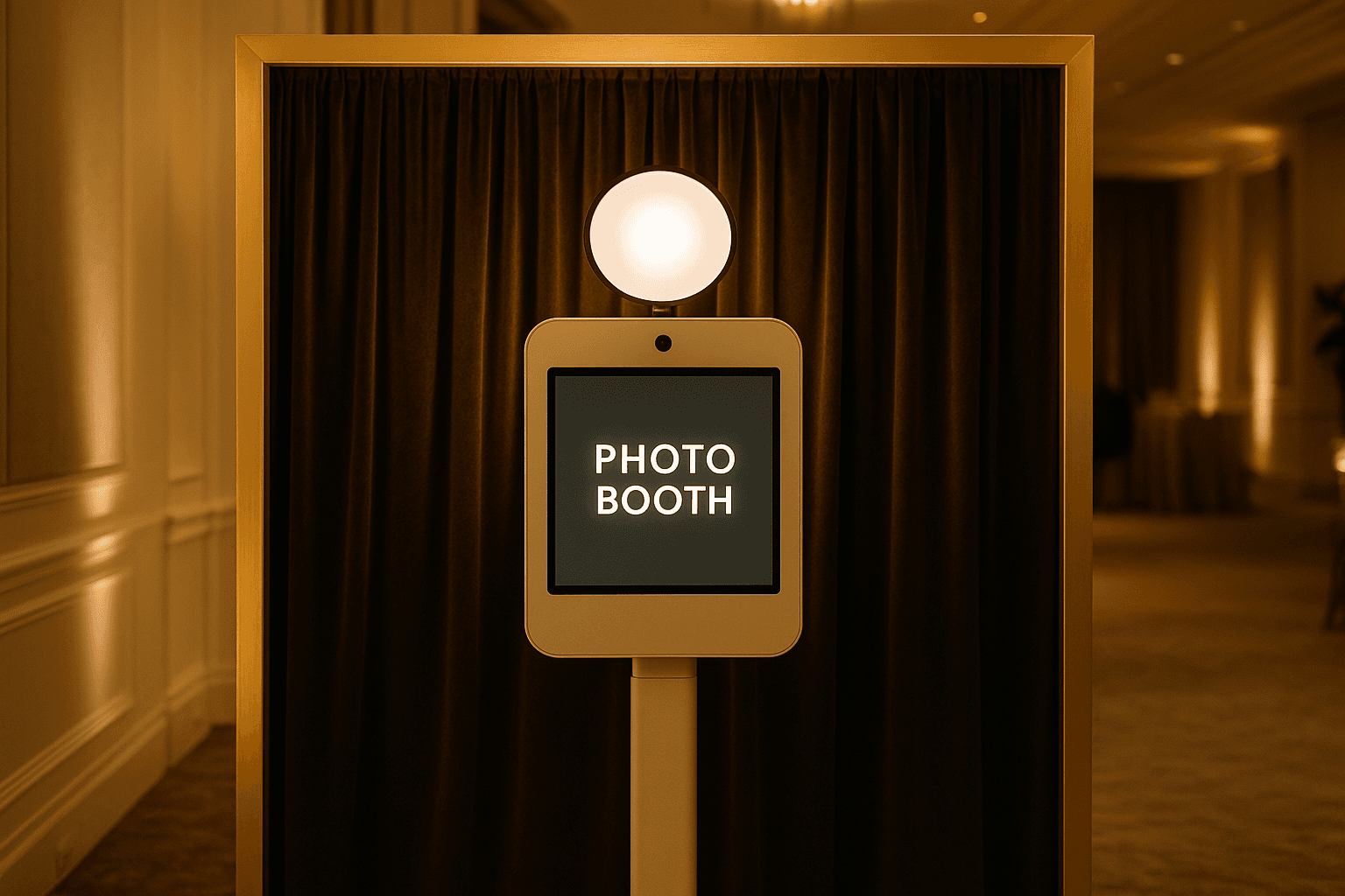 Modern luxury photo booth at an upscale event with velvet drapes and gold frame, warm lighting, clea