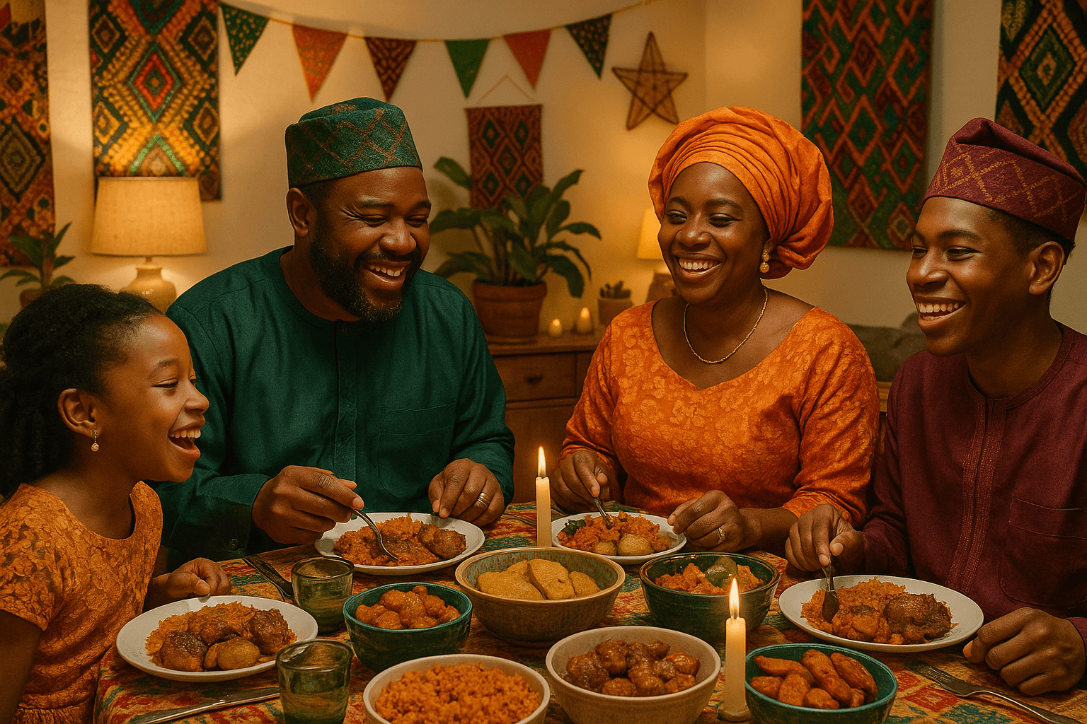 Nigerian American family celebration with traditional food and decorations, warm intimate gathering