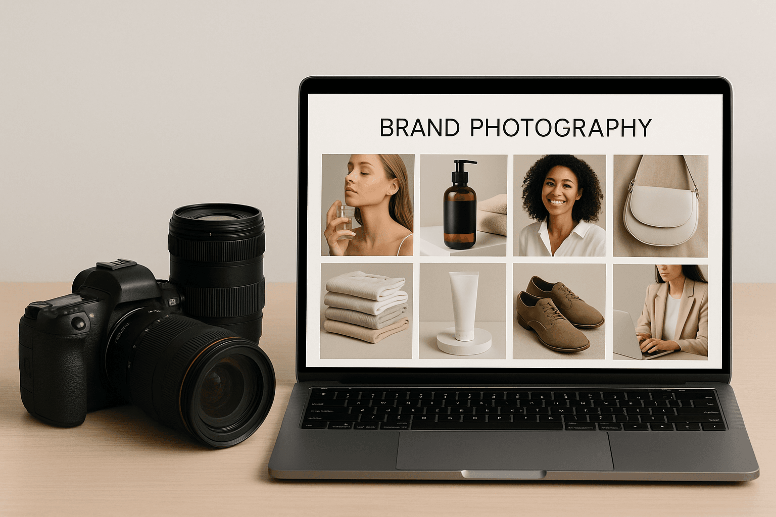 Professional camera and lens on desk with laptop showing brand photography portfolio, clean aestheti