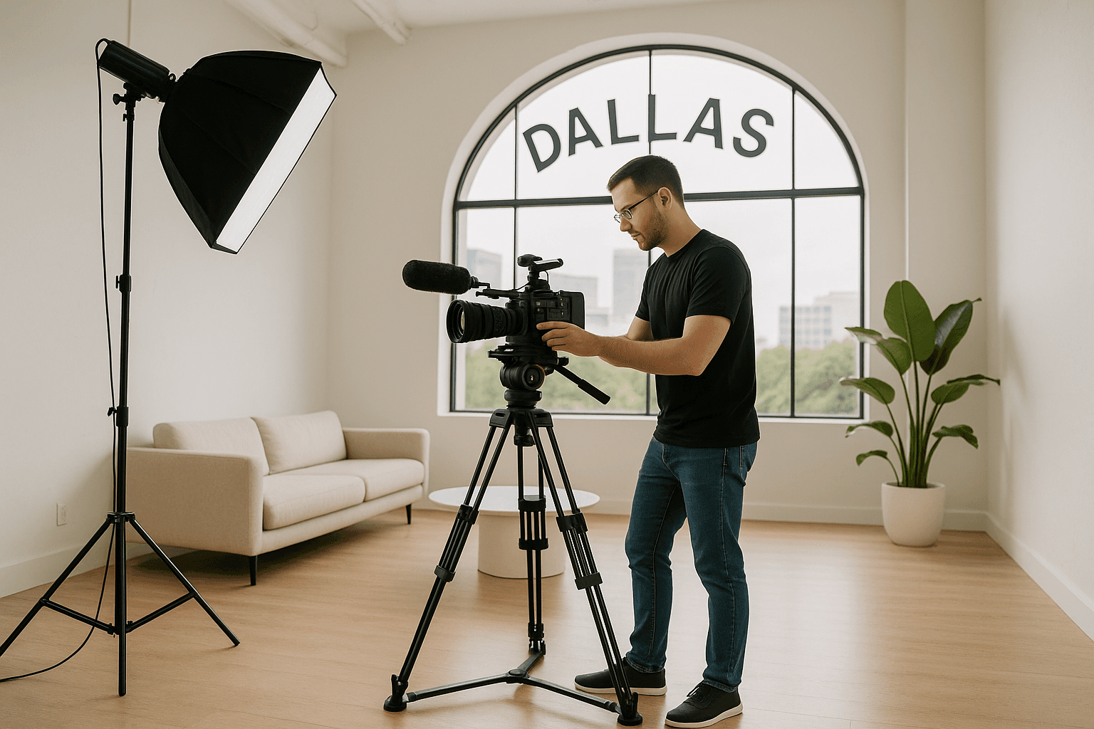 Professional content creator setting up camera equipment in a beautiful Dallas studio, behind the sc