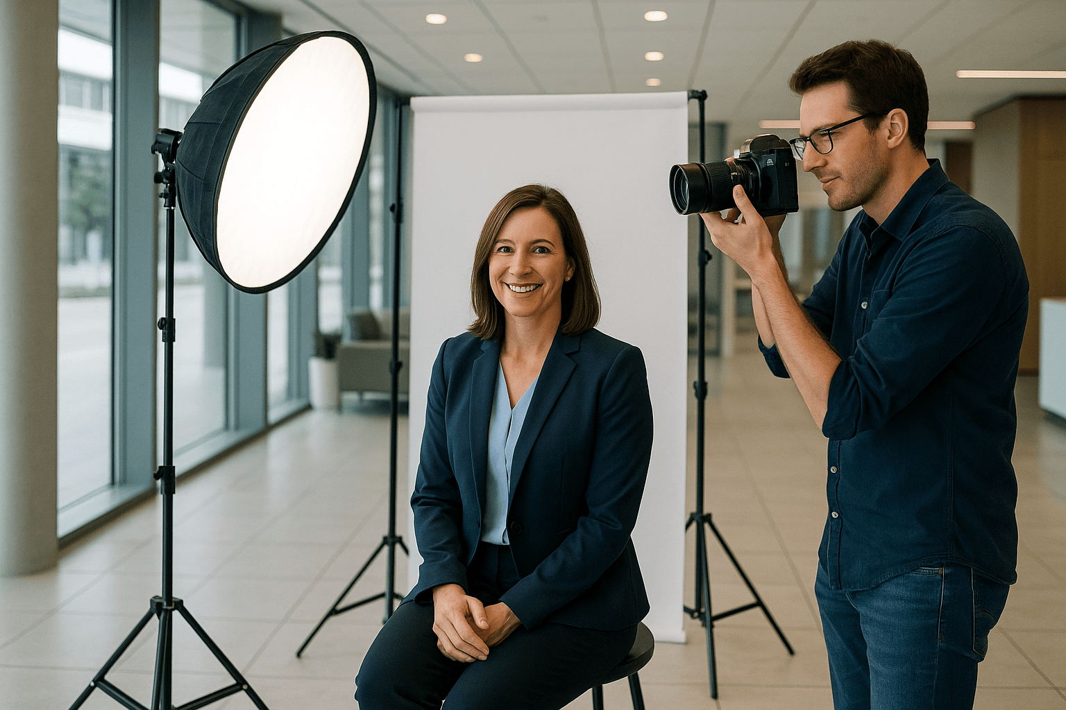 Professional photographer capturing corporate headshots at Dallas office, clean modern environment