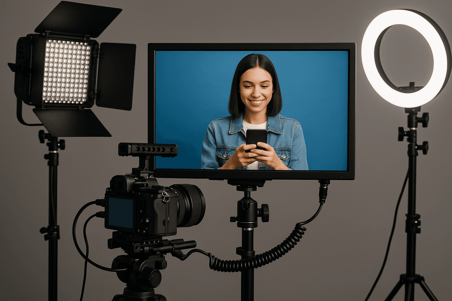 Professional video production setup with monitor, camera rig, and lighting for social media content