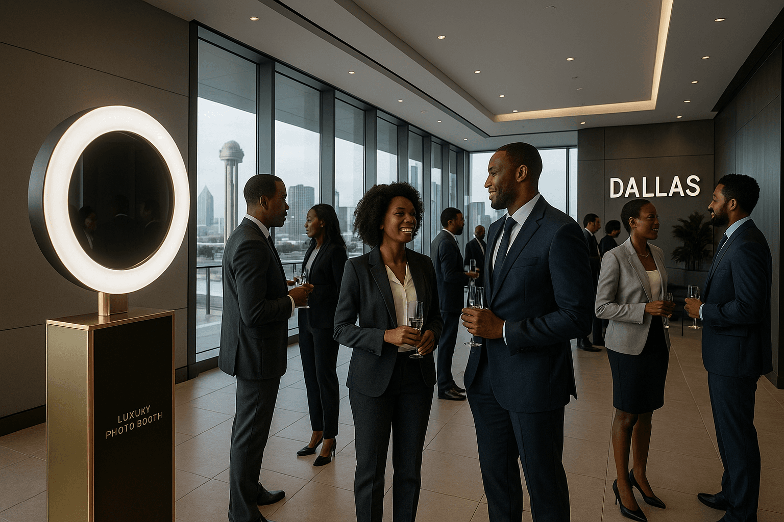Sleek corporate event with luxury photo booth, African American professionals networking, modern Dal