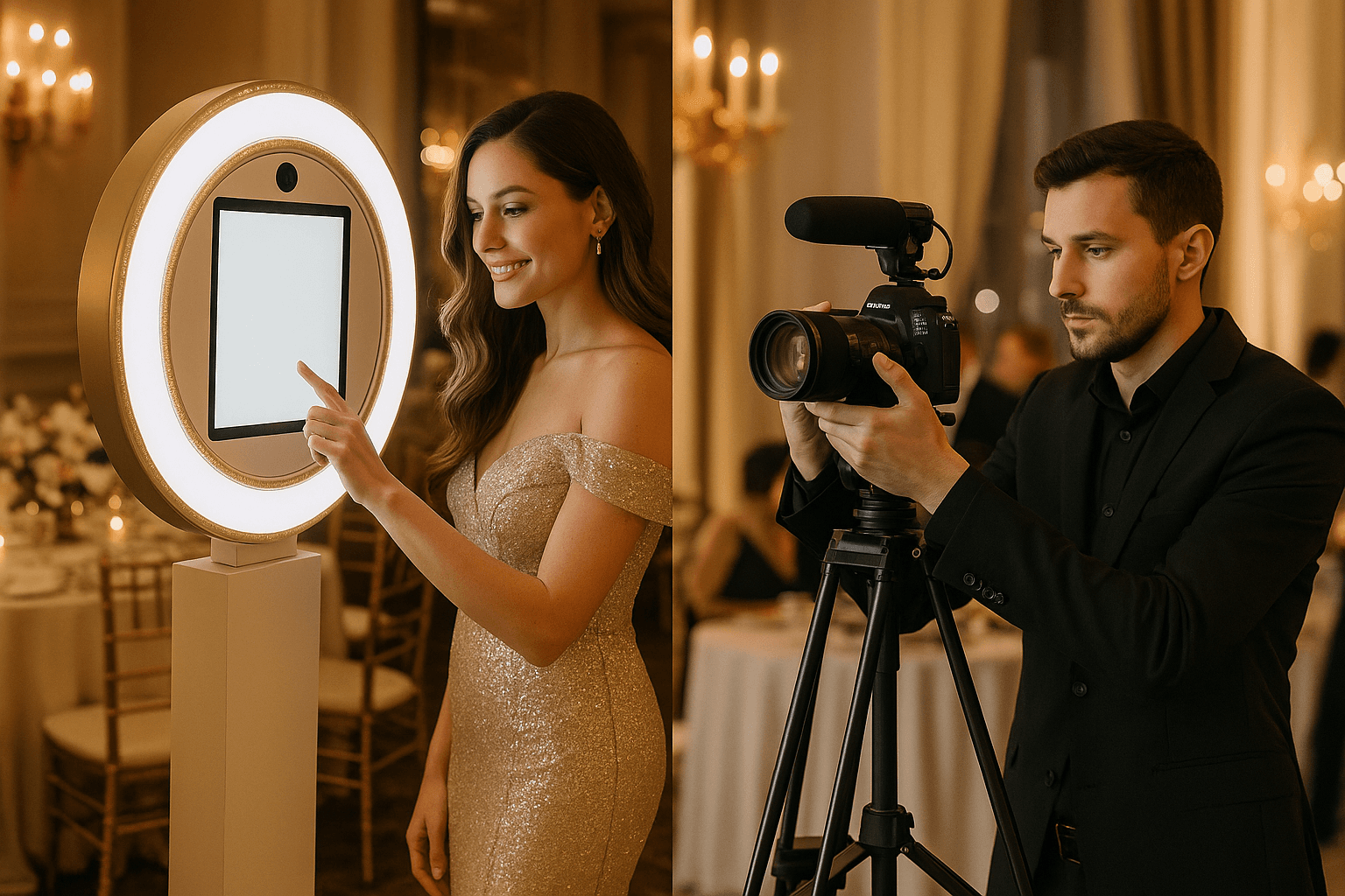 Split image showing luxury photo booth on left and professional videographer on right, both at elega