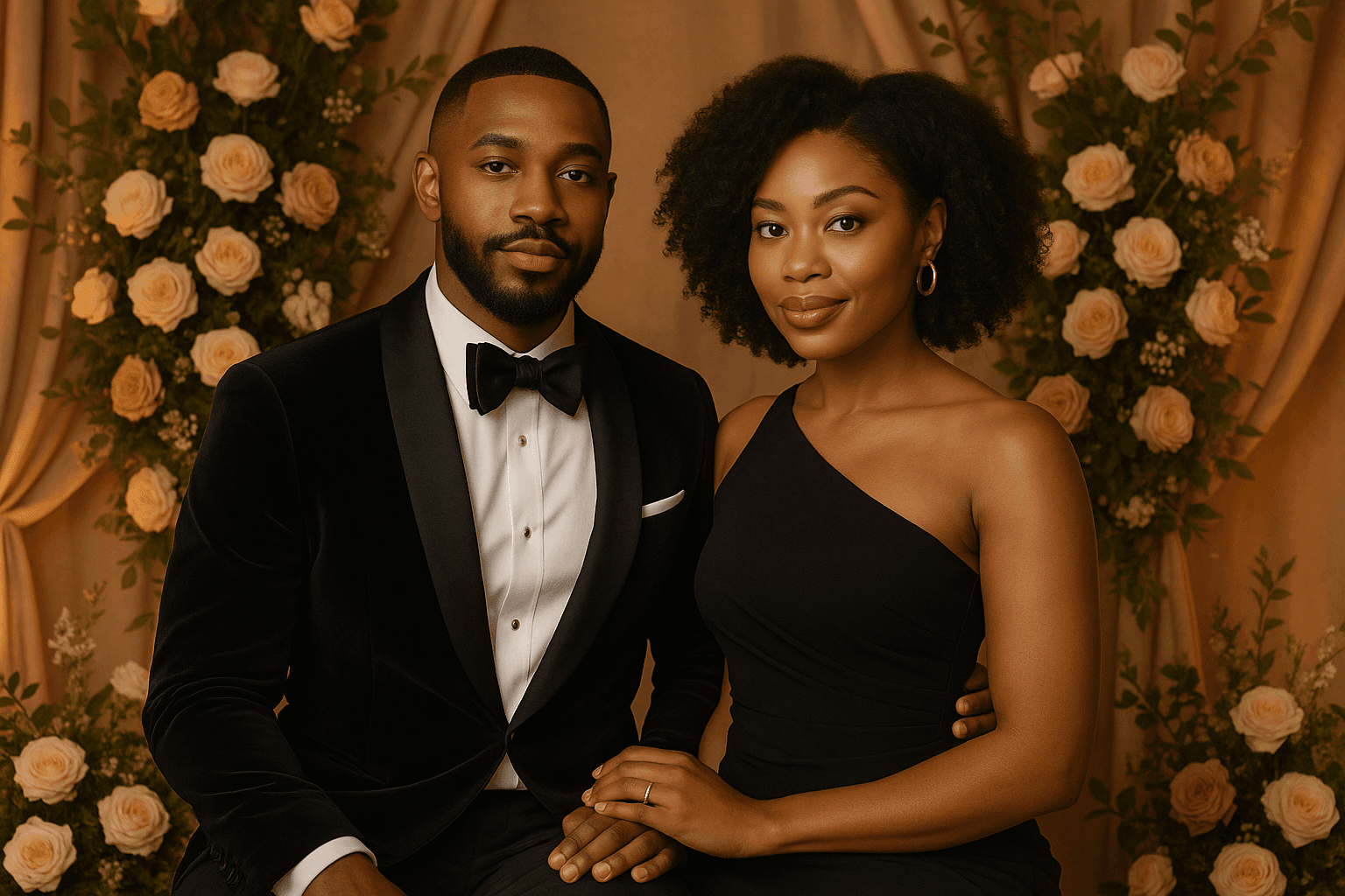 Stylish African American couple posing in a premium photo booth, elegant backdrop with flowers, warm