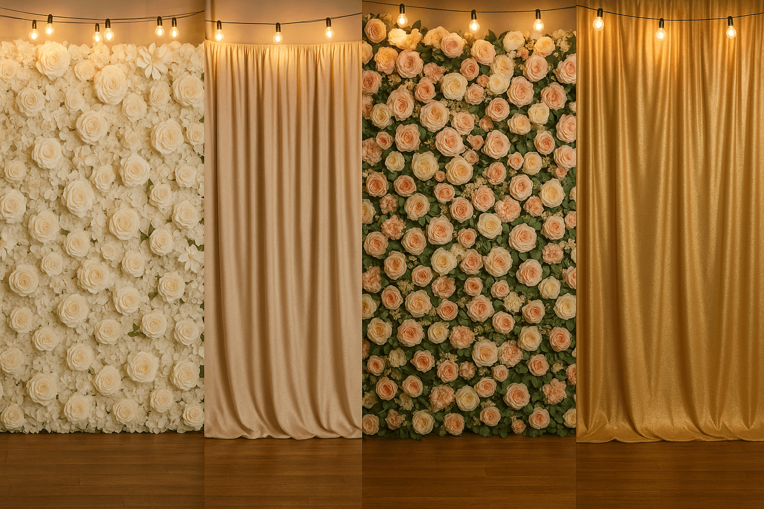 Variety of elegant photo booth backdrops displayed side by side, floral and fabric options, warm lig