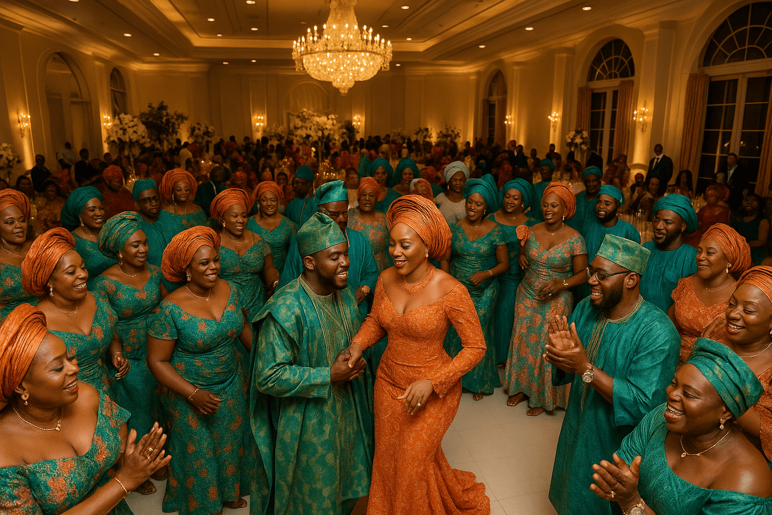 Vibrant Nigerian wedding reception with guests in colorful aso-ebi traditional attire, elegant Dalla