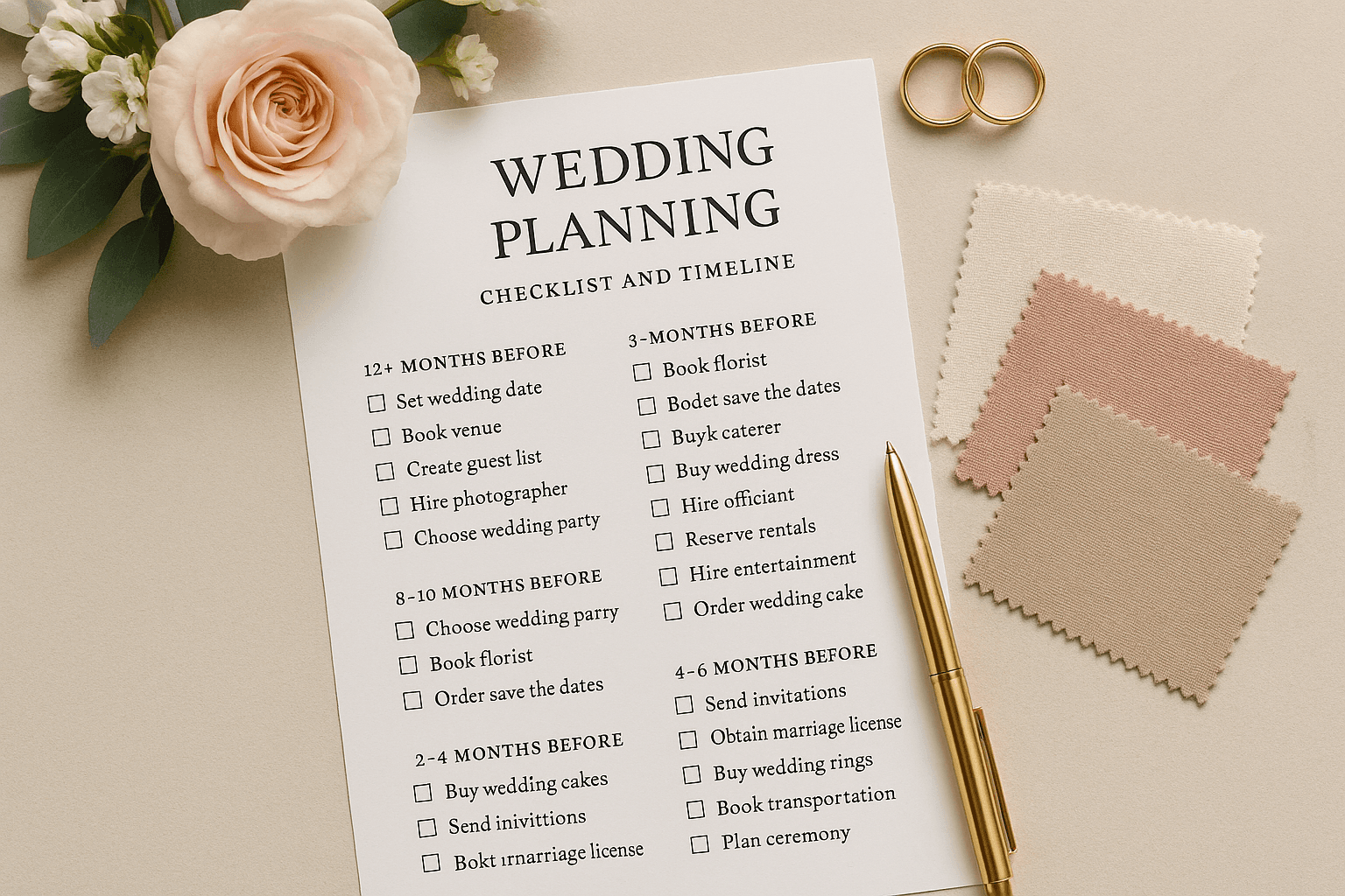 Wedding planning checklist and timeline on elegant desk with flowers, rings, and swatches
