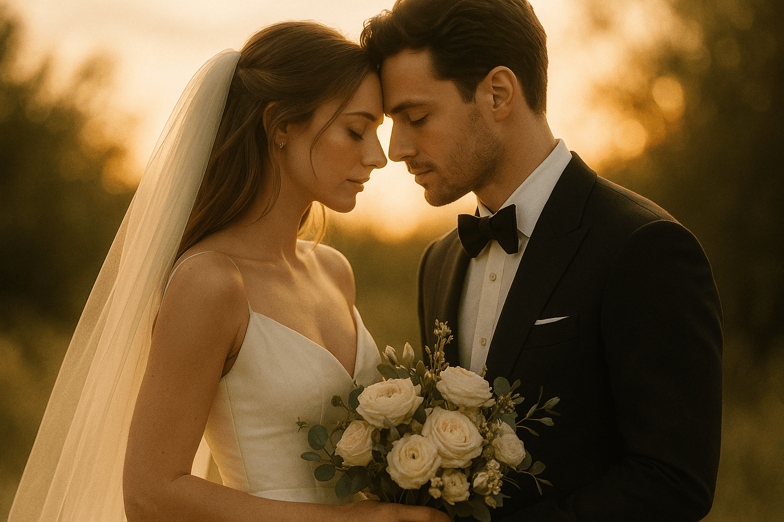 Bride and groom sharing a romantic kiss
